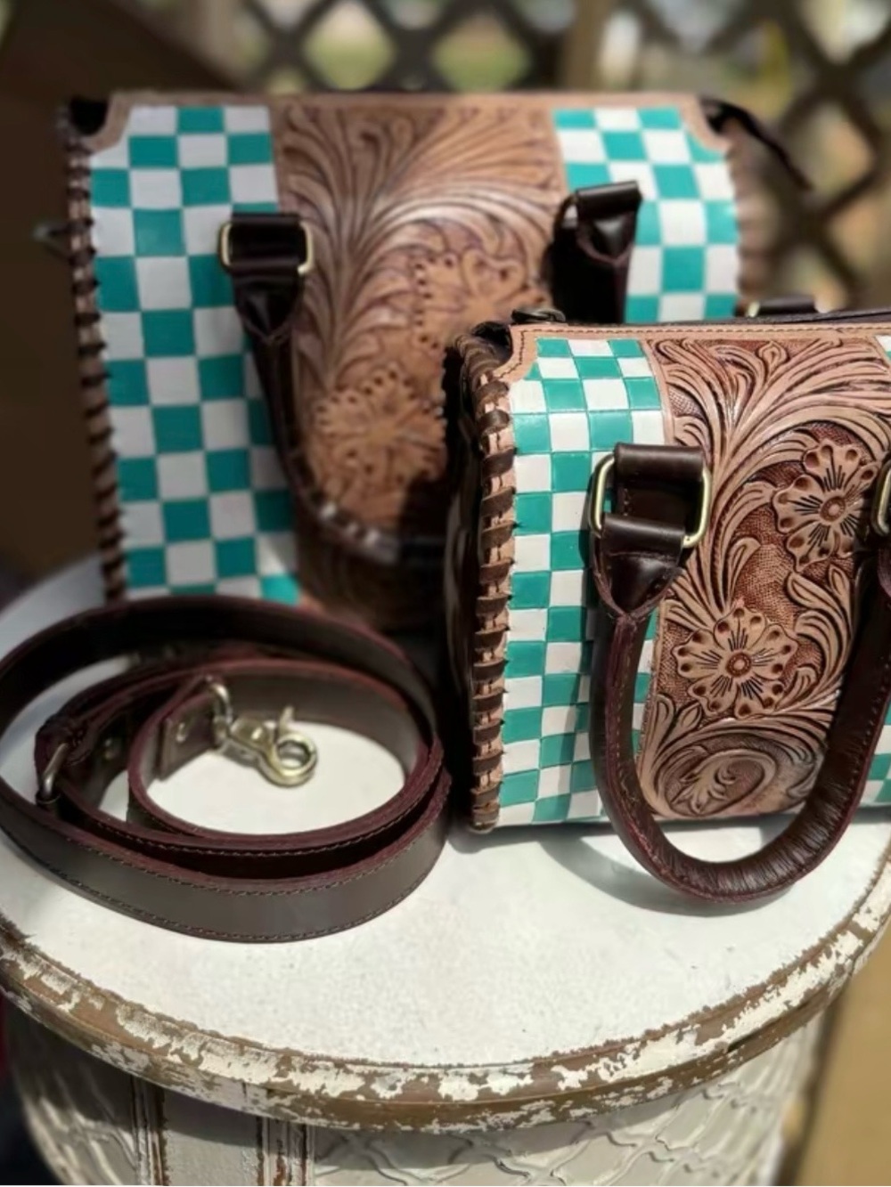 Cowhide, Turquoise and white checkered & Tooled Leather speedy